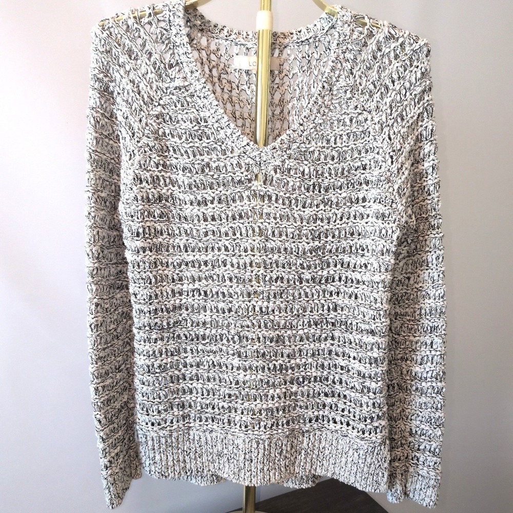 Loft V-Neck Sweater Womens Large Black White Marled Open Knit Cotton Blend Boho